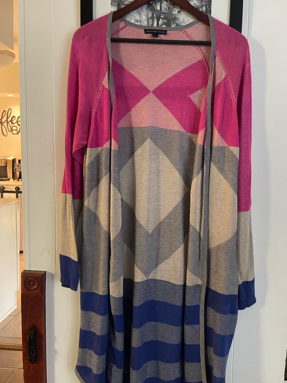 Signature Studio Pink, Gray & Blue Geometric Open Cardigan